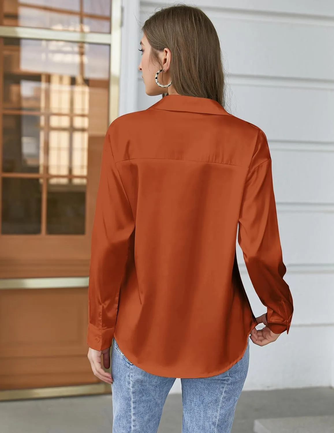 Chigant Women's Blouse Satin Silk Shirts Button Down Shirts Casual Loose Long Sleeve Office Work Tunic Tops