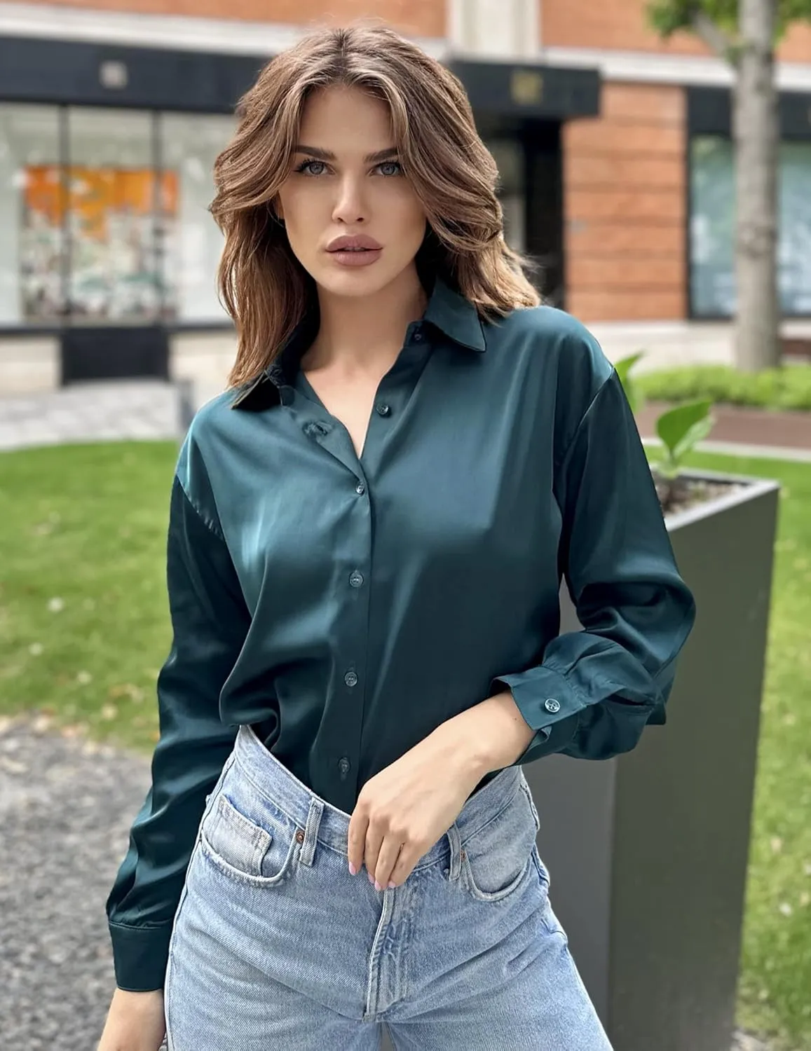 Chigant Women's Blouse Satin Silk Shirts Button Down Shirts Casual Loose Long Sleeve Office Work Tunic Tops