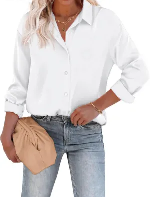 Chigant Women's Blouse Satin Silk Shirts Button Down Shirts Casual Loose Long Sleeve Office Work Tunic Tops