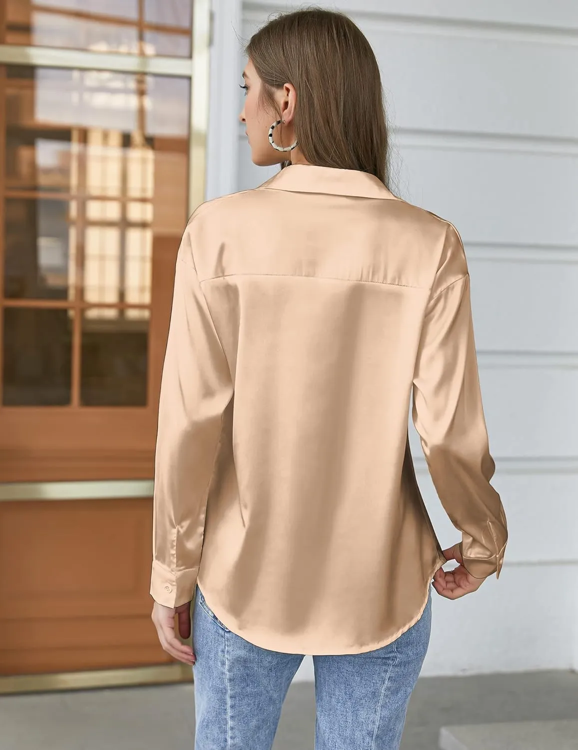 Chigant Women's Blouse Satin Silk Shirts Button Down Shirts Casual Loose Long Sleeve Office Work Tunic Tops