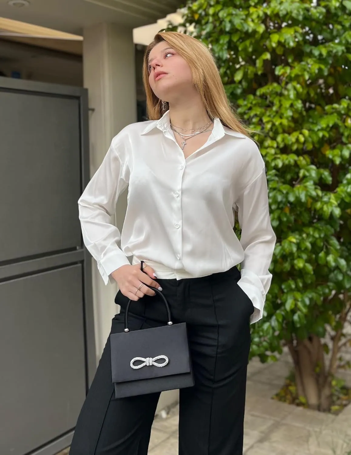 Chigant Women's Blouse Satin Silk Shirts Button Down Shirts Casual Loose Long Sleeve Office Work Tunic Tops