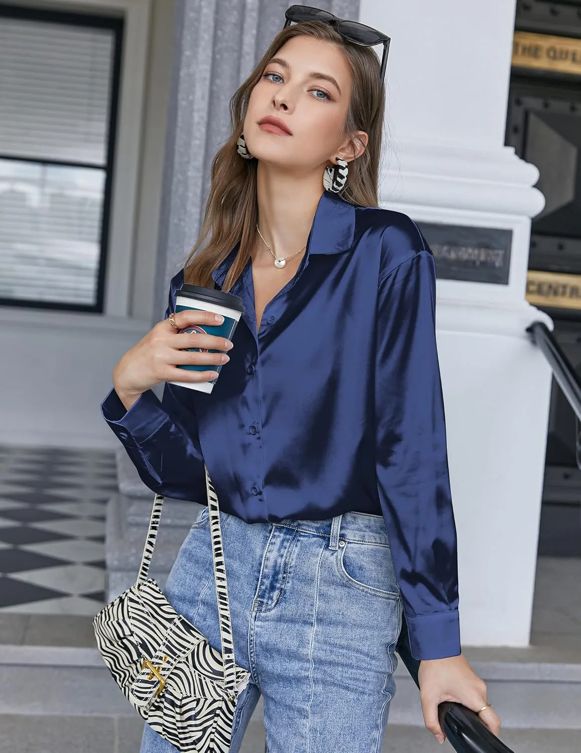 Chigant Women's Blouse Satin Silk Shirts Button Down Shirts Casual Loose Long Sleeve Office Work Tunic Tops