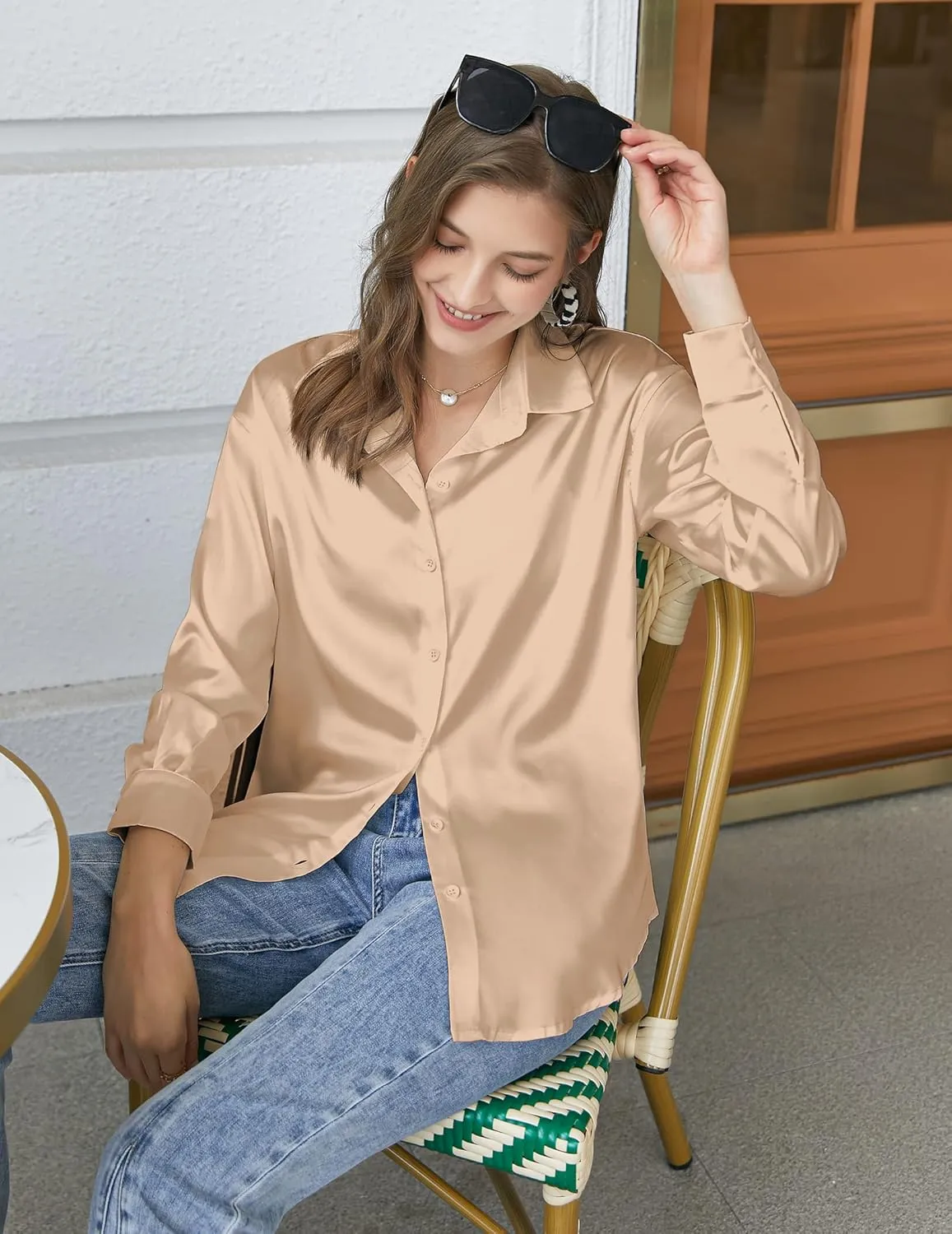 Chigant Women's Blouse Satin Silk Shirts Button Down Shirts Casual Loose Long Sleeve Office Work Tunic Tops