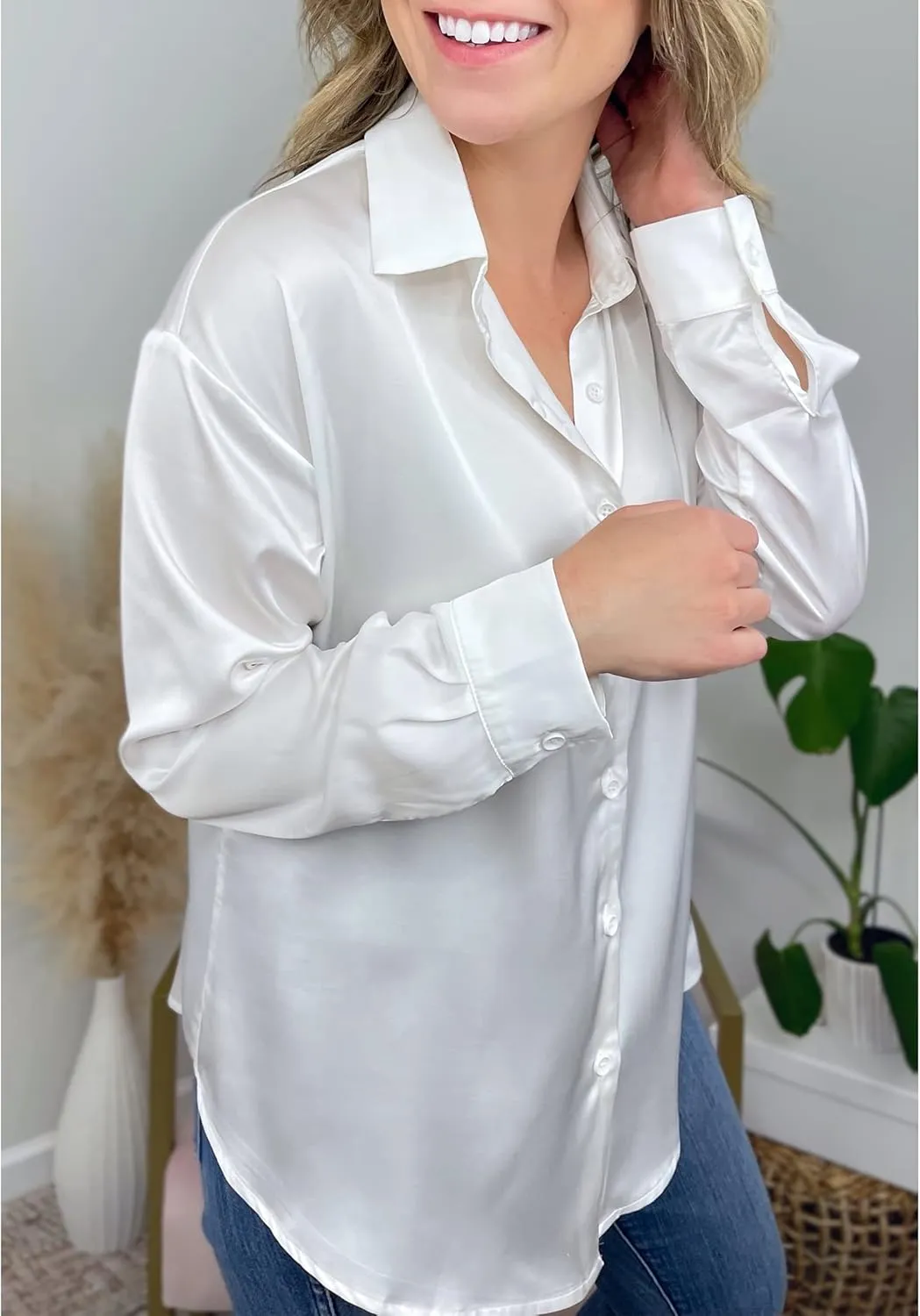 Chigant Women's Blouse Satin Silk Shirts Button Down Shirts Casual Loose Long Sleeve Office Work Tunic Tops