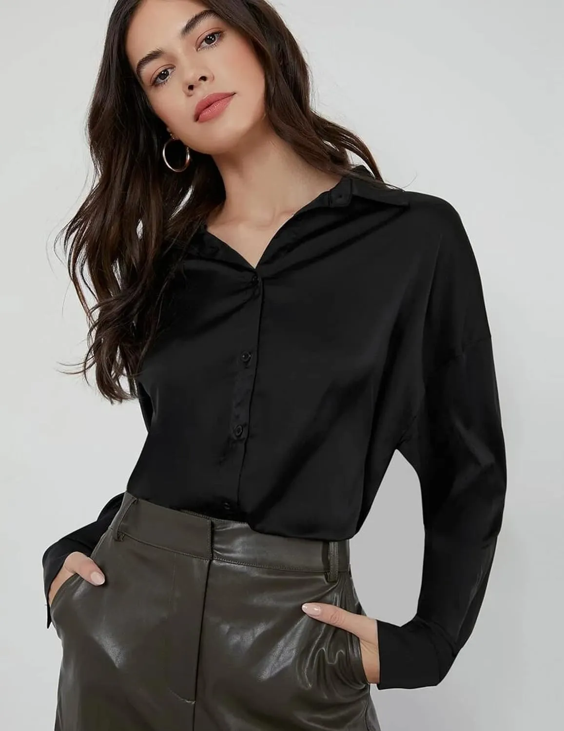 Chigant Women's Blouse Satin Silk Shirts Button Down Shirts Casual Loose Long Sleeve Office Work Tunic Tops