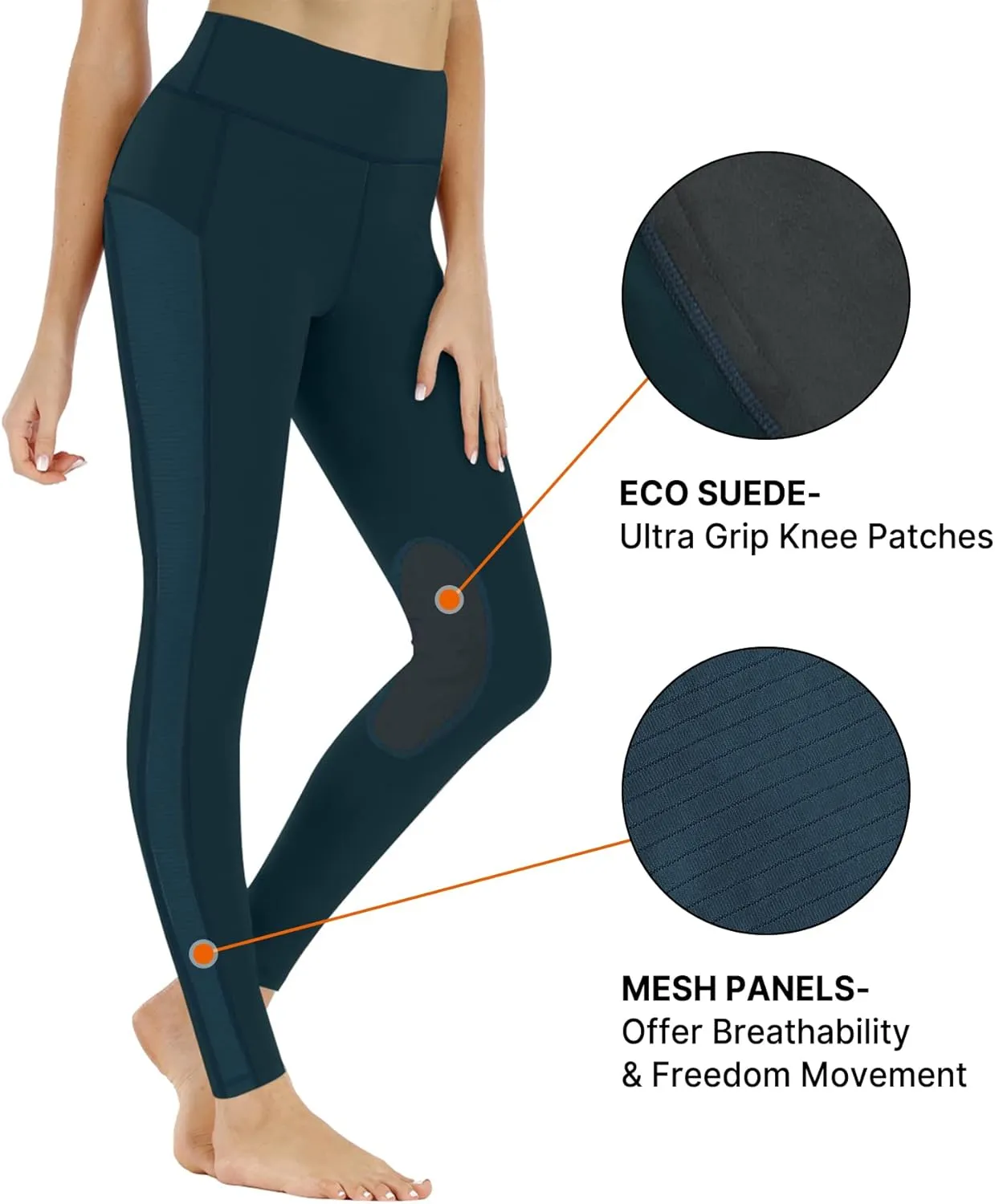 ChinFun Women's Riding Tights High Rise Pull-On Knee Patch Grip Ventilated Active Equestrian Pants Schooling Riding Breeches