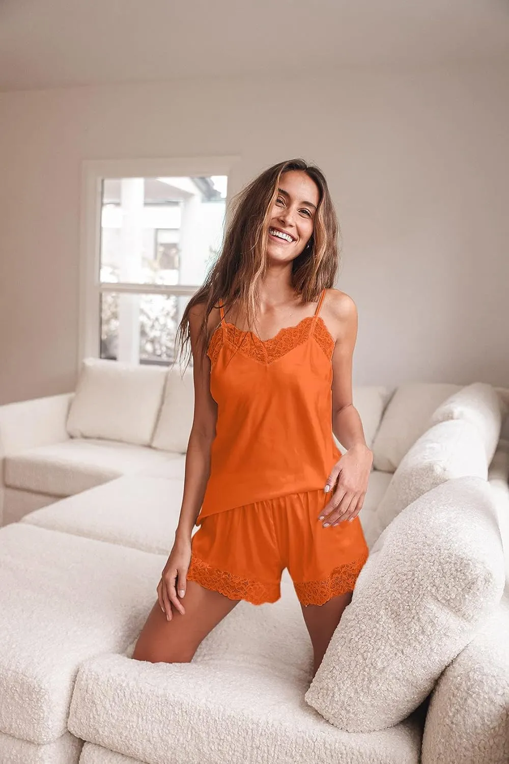 CHYRII Women's Sexy Silk Satin Pajamas Sets Lace Trim Cami Tops Shorts Sleepwear