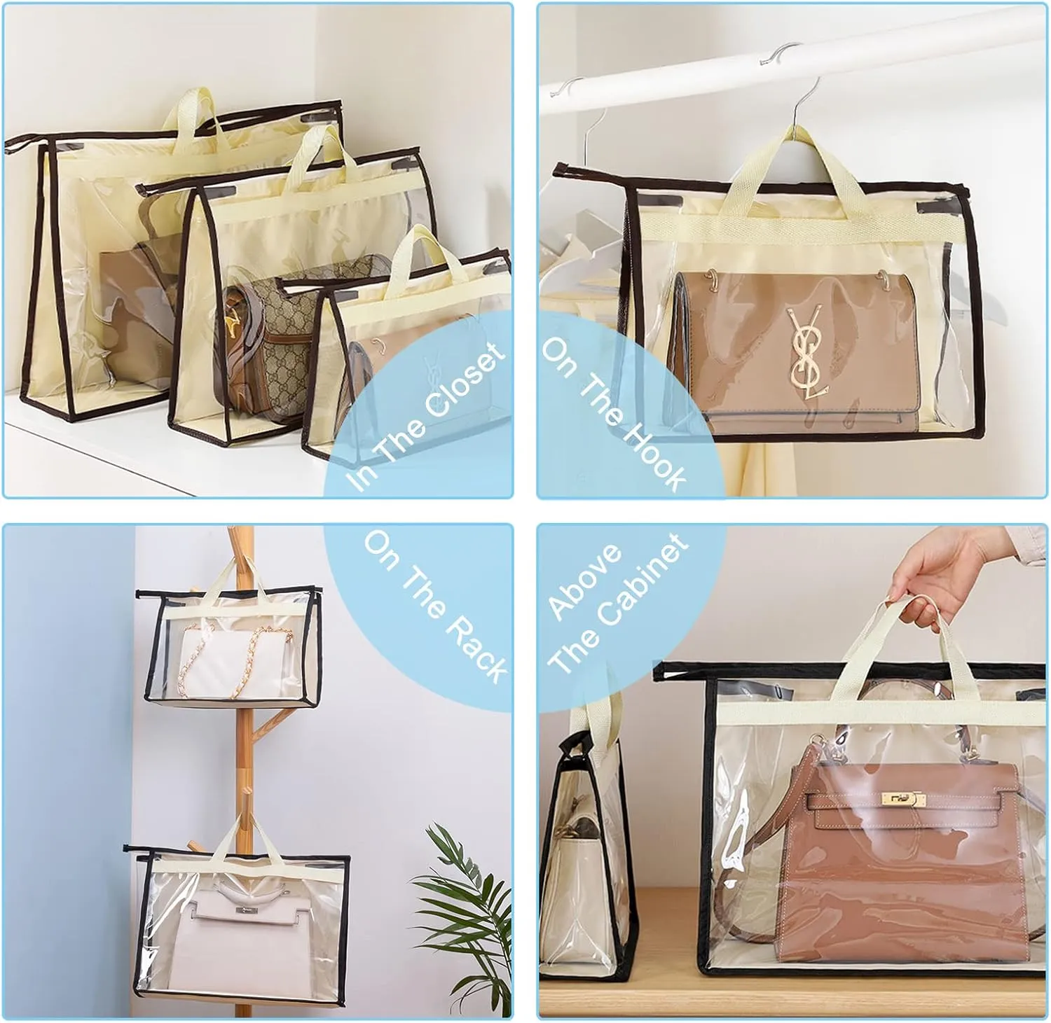 CINPIUK 4 Pack Handbag Dust Bags Clear Purse Storage Organizer for Closet, Zipper Hanging Storage Bag for Handbags