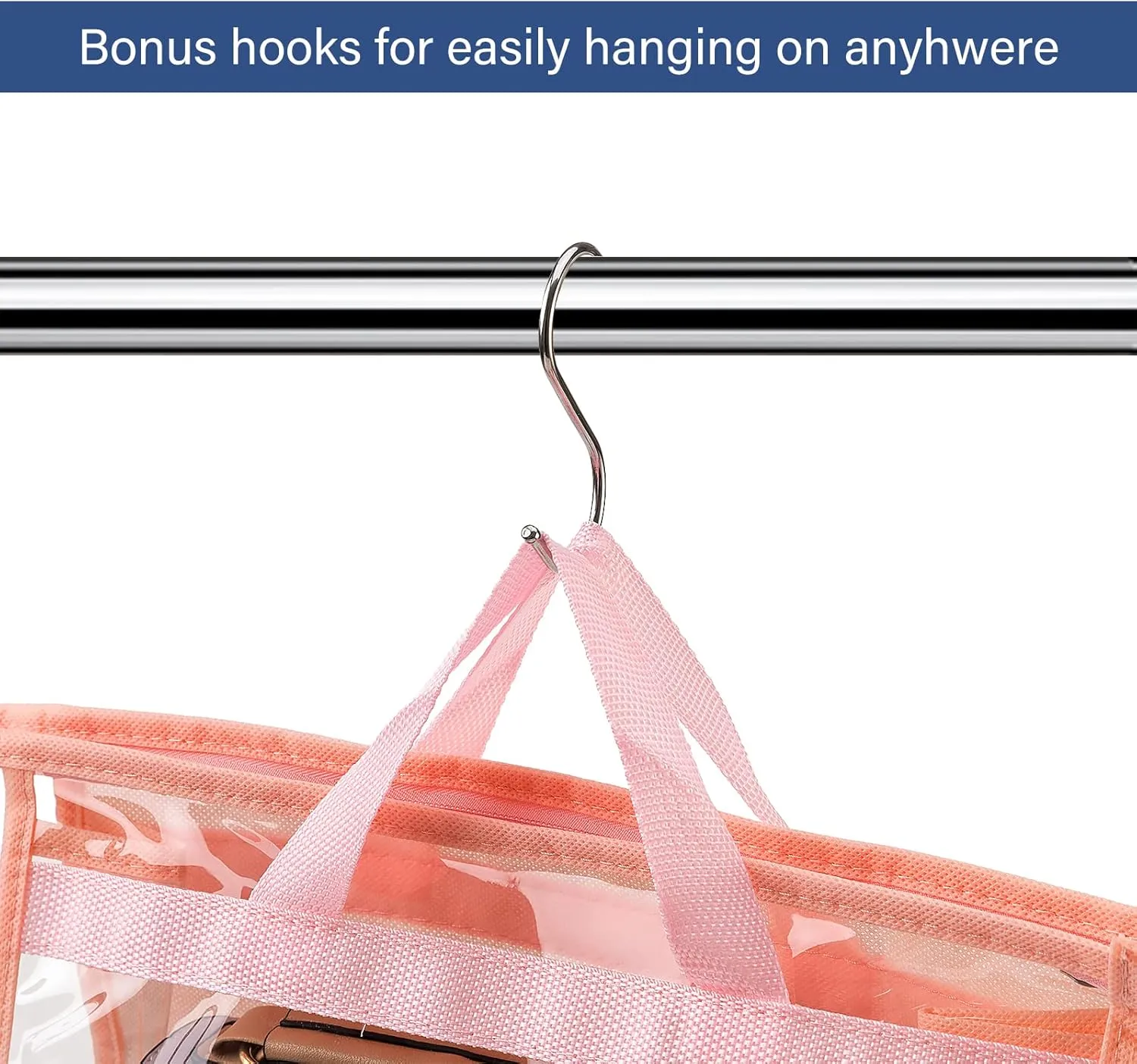 CINPIUK Handbag Dust Bags Clear Purse Storage Organizer for Closet Small to Extra Large Handbags Dust Free Bags Hanging Zipper Storage Bag with Hooks, (Pink, 4 Sizes-4PCS)