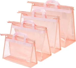 CINPIUK Handbag Dust Bags Clear Purse Storage Organizer for Closet Small to Extra Large Handbags Dust Free Bags Hanging Zipper Storage Bag with Hooks, (Pink, 4 Sizes-4PCS)