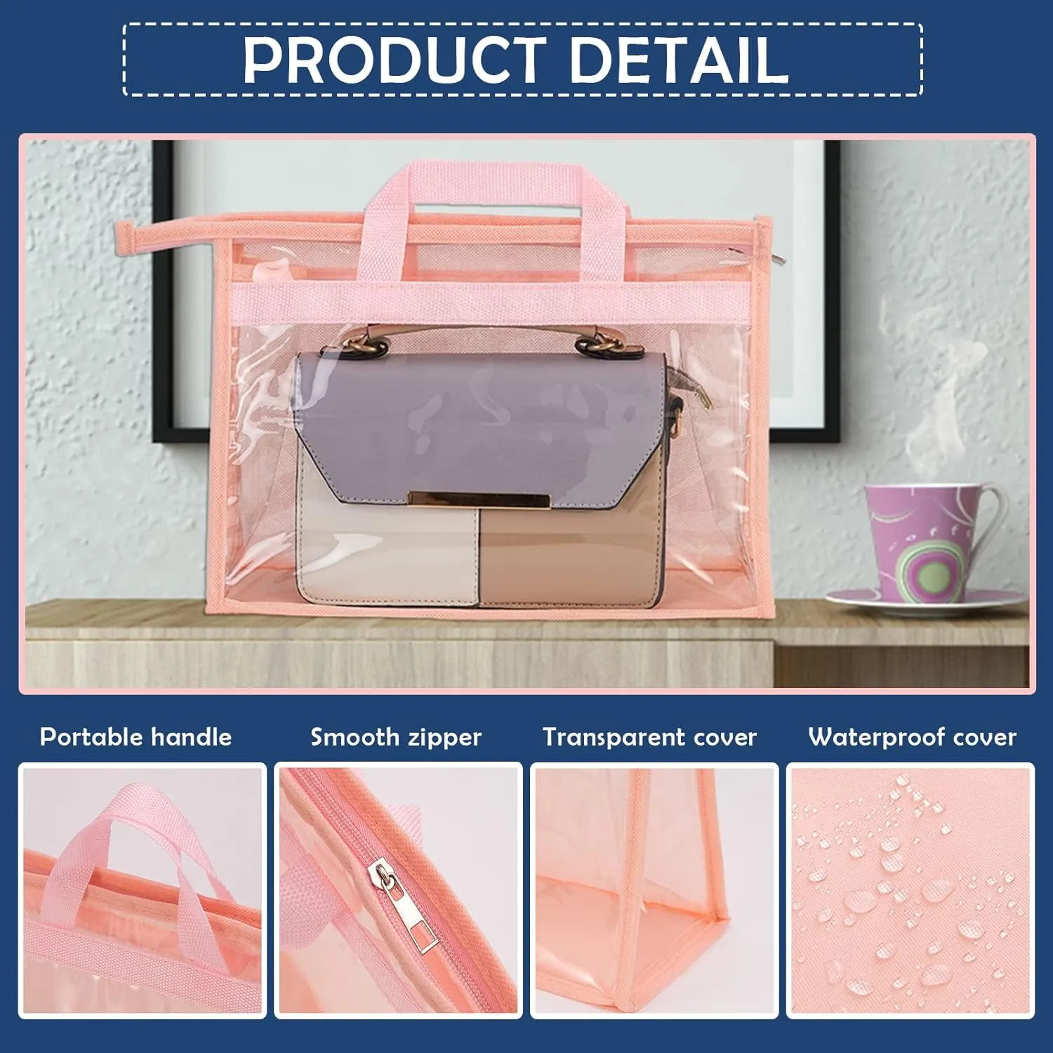 CINPIUK Handbag Dust Bags Clear Purse Storage Organizer for Closet Small to Extra Large Handbags Dust Free Bags Hanging Zipper Storage Bag with Hooks, (Pink, 4 Sizes-4PCS)