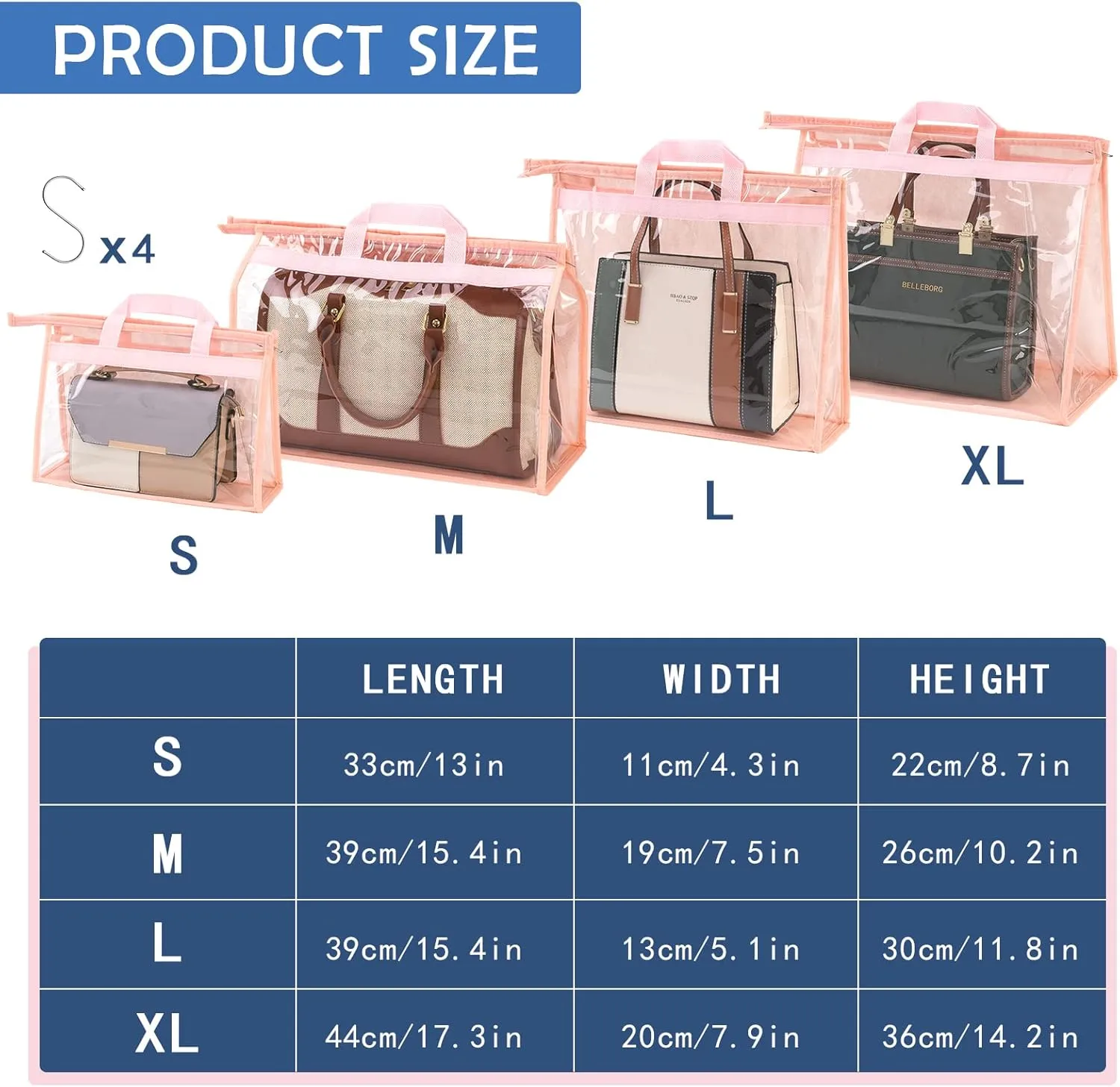 CINPIUK Handbag Dust Bags Clear Purse Storage Organizer for Closet Small to Extra Large Handbags Dust Free Bags Hanging Zipper Storage Bag with Hooks, (Pink, 4 Sizes-4PCS)