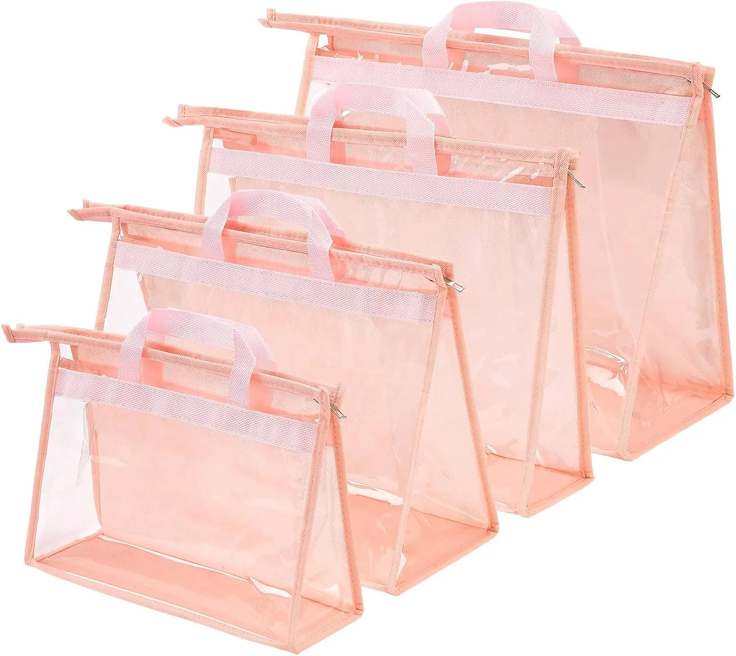 CINPIUK Handbag Dust Bags Clear Purse Storage Organizer for Closet Small to Extra Large Handbags Dust Free Bags Hanging Zipper Storage Bag with Hooks, (Pink, 4 Sizes-4PCS)