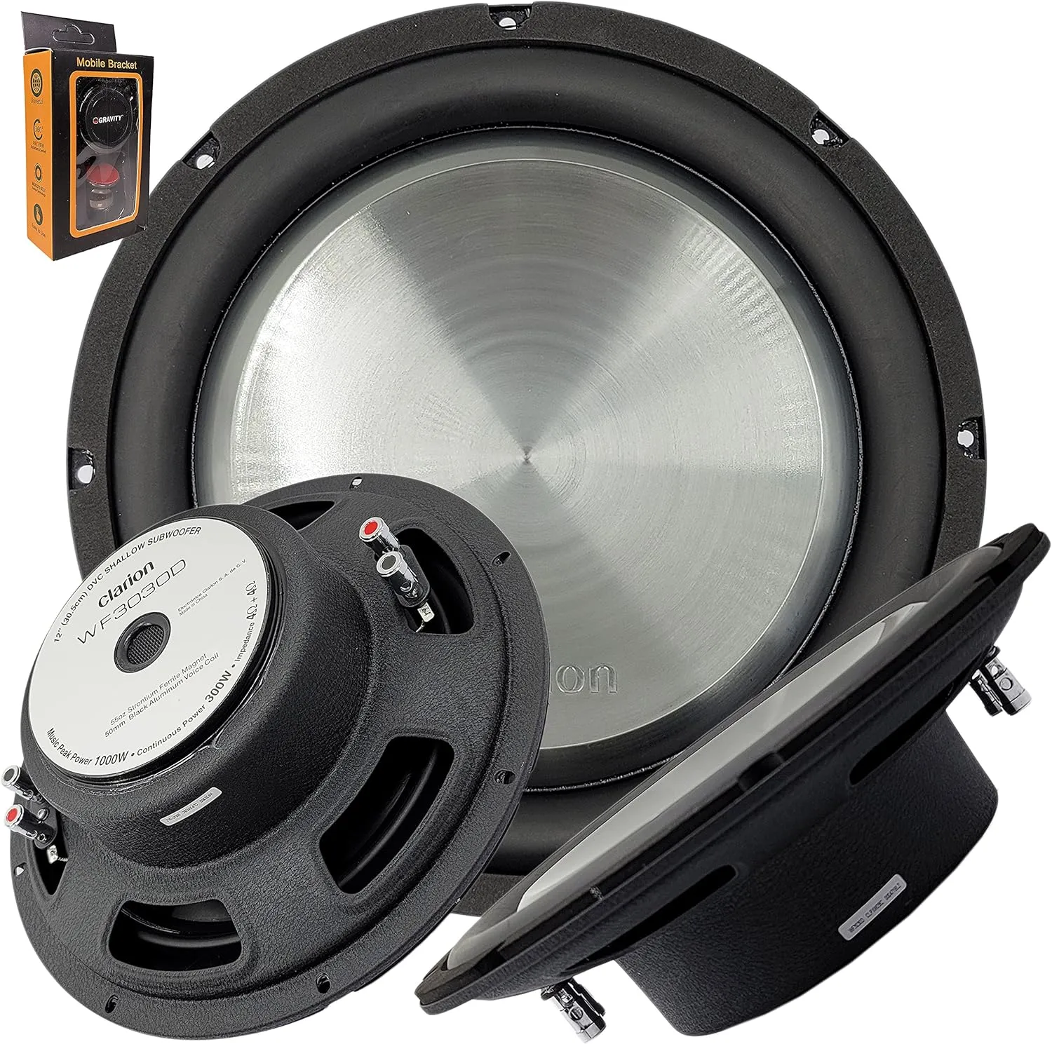 Clarion WF3030D 1000 Watts Maximum Power Handling 12" Dual 4Ohm Voice Coil Shallow-Mount Car Audio Subwoofer with (One) Gravity Magnet Phone Holder Bundle