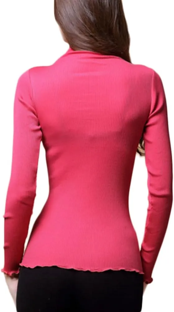 CLC Women's Mulberry Silk Cotton T-Shirt Long Sleeve Turtleneck Knit Fabric