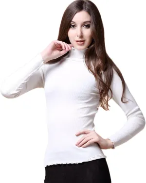 CLC Women's Mulberry Silk Cotton T-Shirt Long Sleeve Turtleneck Knit Fabric