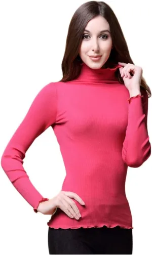 CLC Women's Mulberry Silk Cotton T-Shirt Long Sleeve Turtleneck Knit Fabric