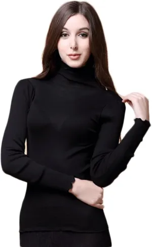 CLC Women's Mulberry Silk Cotton T-Shirt Long Sleeve Turtleneck Knit Fabric