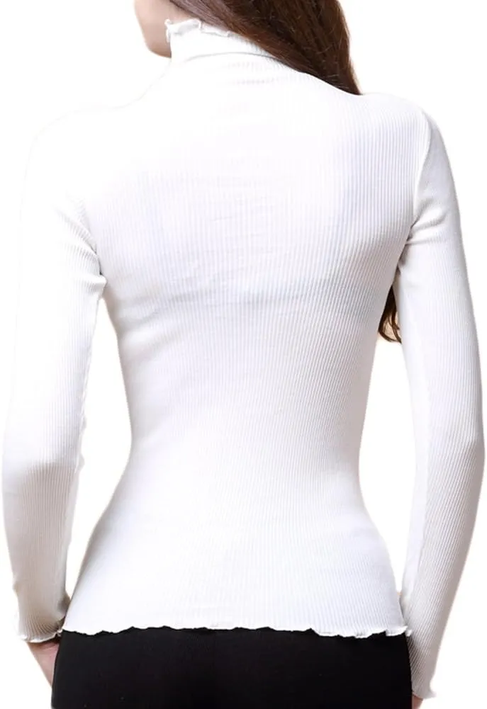 CLC Women's Mulberry Silk Cotton T-Shirt Long Sleeve Turtleneck Knit Fabric
