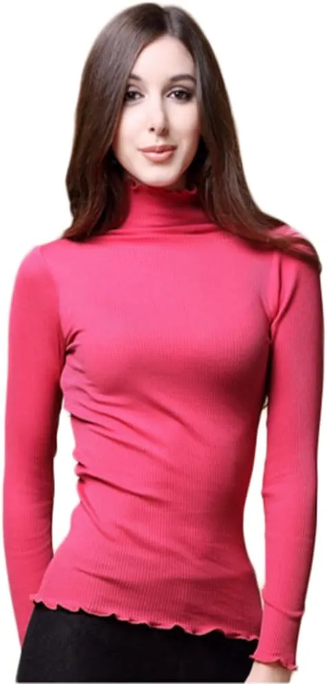CLC Women's Mulberry Silk Cotton T-Shirt Long Sleeve Turtleneck Knit Fabric