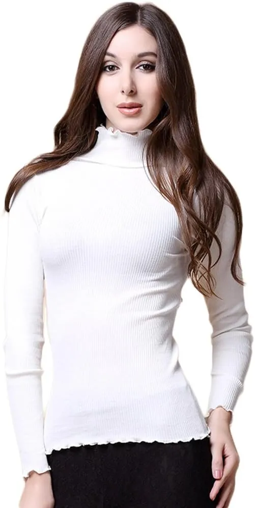 CLC Women's Mulberry Silk Cotton T-Shirt Long Sleeve Turtleneck Knit Fabric
