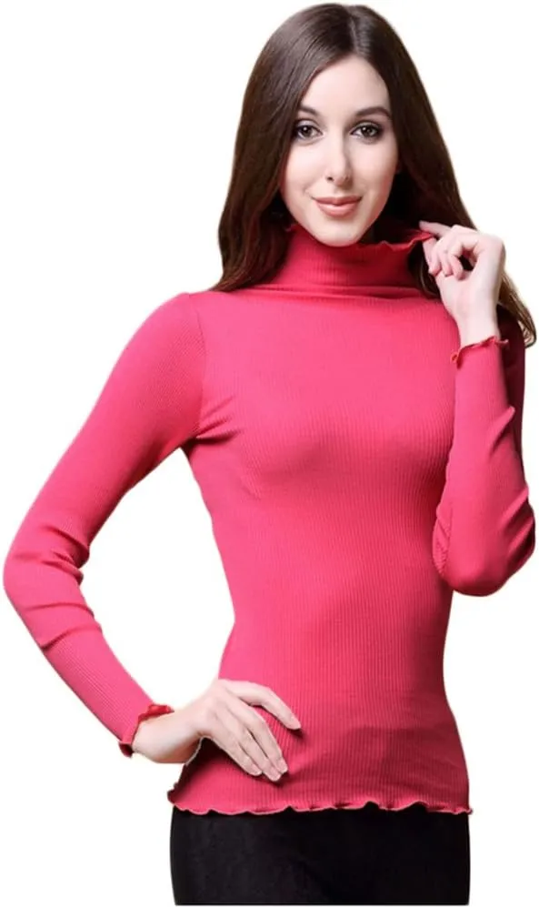 CLC Women's Mulberry Silk Cotton T-Shirt Long Sleeve Turtleneck Knit Fabric