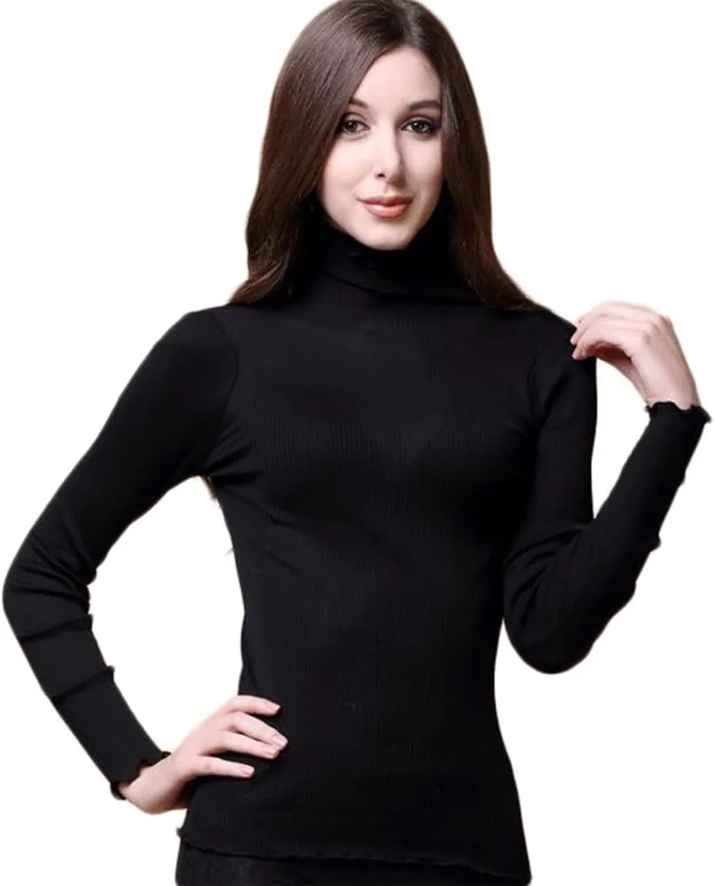 CLC Women's Mulberry Silk Cotton T-Shirt Long Sleeve Turtleneck Knit Fabric