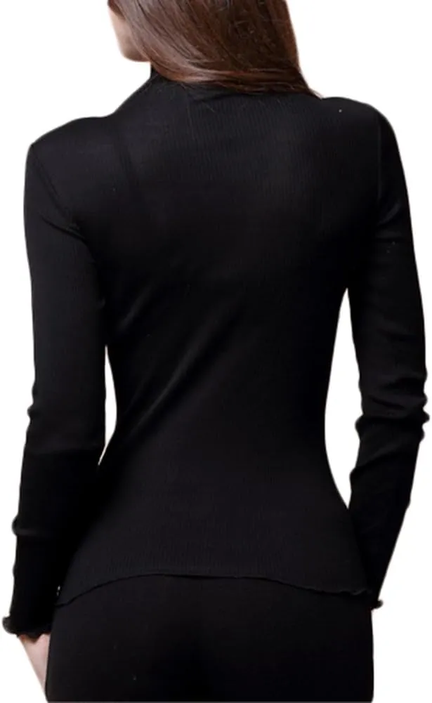 CLC Women's Mulberry Silk Cotton T-Shirt Long Sleeve Turtleneck Knit Fabric
