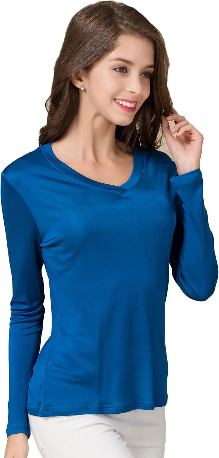 CLC Women's Mulberry Silk T-Shirt Long Sleeve V-Neck Tank Knit Fabric