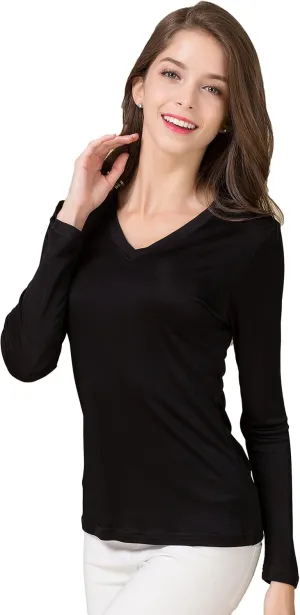 CLC Women's Mulberry Silk T-Shirt Long Sleeve V-Neck Tank Knit Fabric
