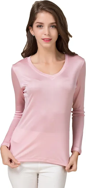 CLC Women's Mulberry Silk T-Shirt Long Sleeve V-Neck Tank Knit Fabric
