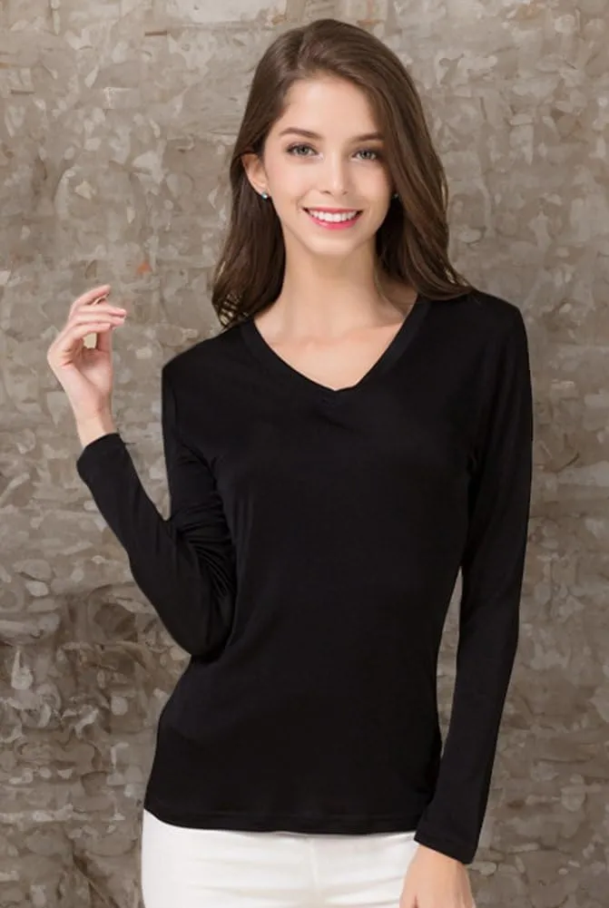 CLC Women's Mulberry Silk T-Shirt Long Sleeve V-Neck Tank Knit Fabric