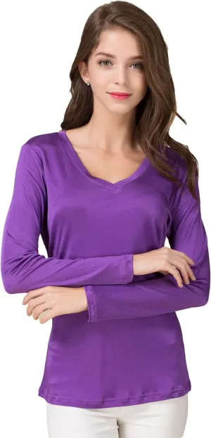 CLC Women's Mulberry Silk T-Shirt Long Sleeve V-Neck Tank Knit Fabric