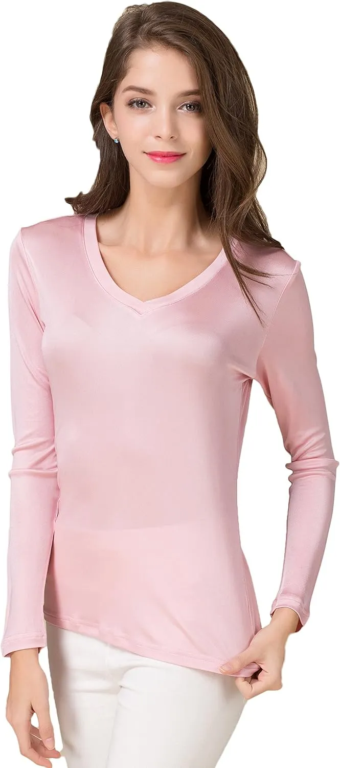 CLC Women's Mulberry Silk T-Shirt Long Sleeve V-Neck Tank Knit Fabric