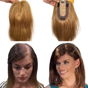 Clip in Hair Toppers Hairpiece for Women Real Human Hair Pieces Silk Base Skin Wig Hair Extensions for Hair Loss Grey Thinning Hair 12 Inch (#8 Color, 3x5inch)