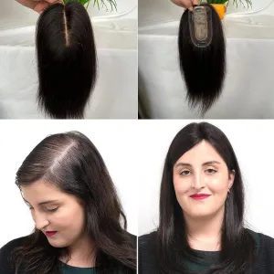 Clip in Hair Toppers Hairpiece for Women Real Human Hair Pieces Silk Base Skin Wig Hair Extensions for Hair Loss Grey Thinning Hair 12 Inch (Natural Black Color, 3x5inch)