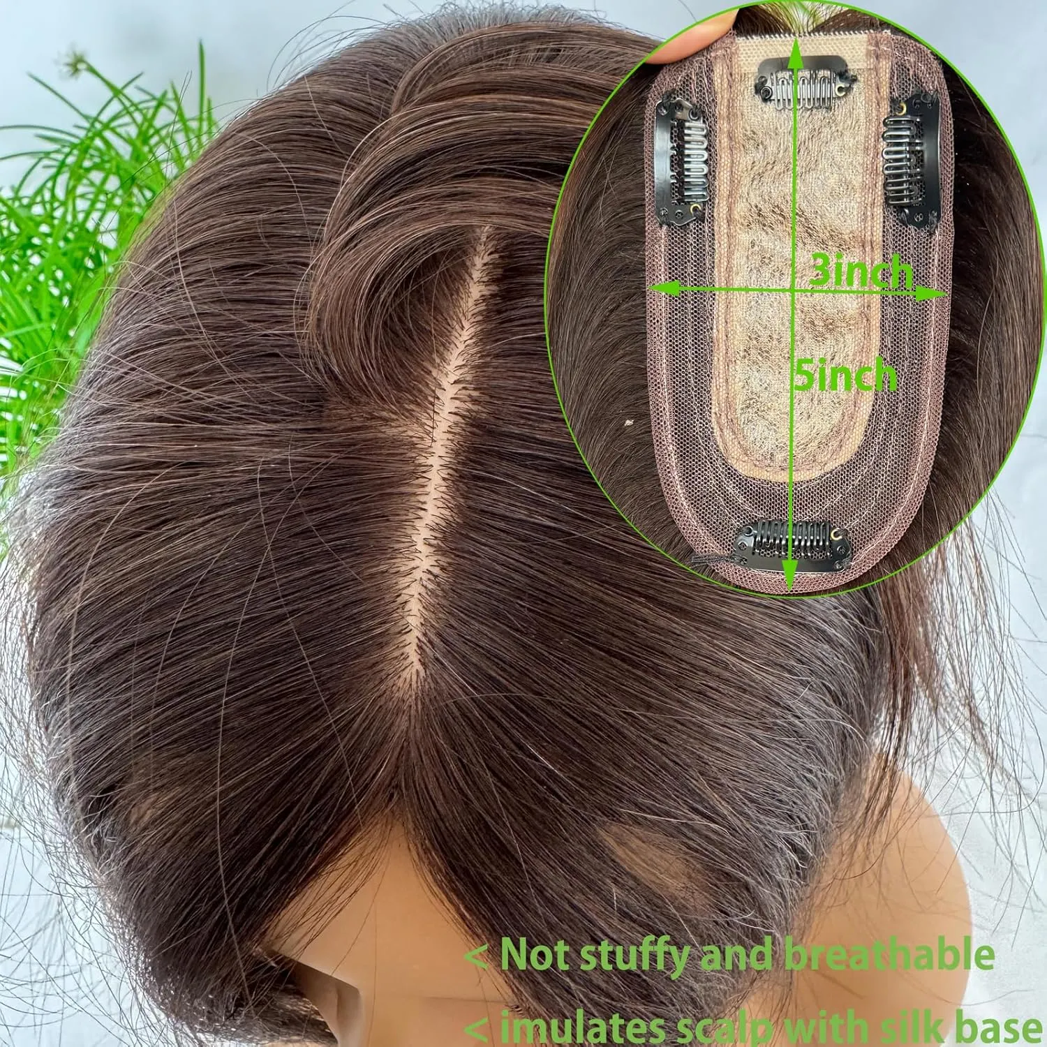 Clip in Hair Toppers Hairpiece for Women Real Human Hair Pieces Silk Base Skin Wig Hair Extensions for Hair Loss Grey Thinning Hair 12 Inch (Natural Black Color, 3x5inch)
