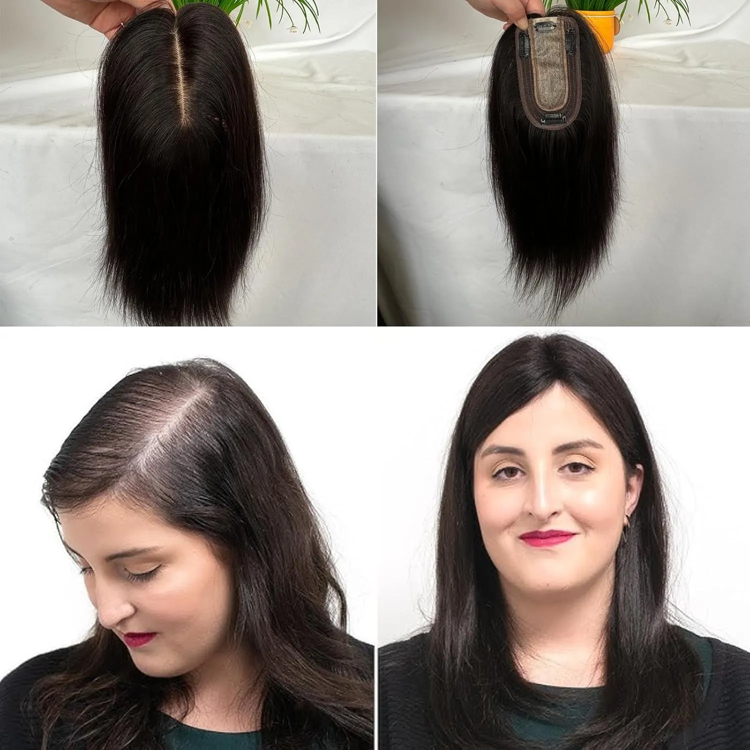 Clip in Hair Toppers Hairpiece for Women Real Human Hair Pieces Silk Base Skin Wig Hair Extensions for Hair Loss Grey Thinning Hair 12 Inch (Natural Black Color, 3x5inch)