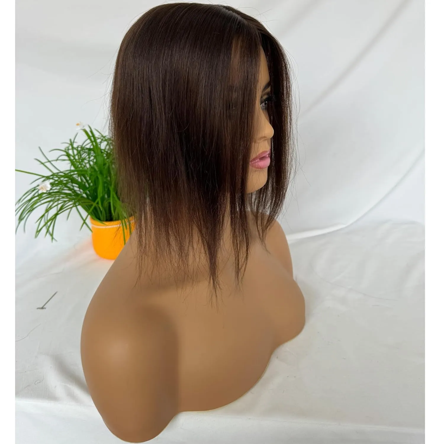 Clip in Hair Toppers - Real Human Hair Pieces, Silk Base Skin Wig - 12 Inch (Brown Color, 3x5inch)