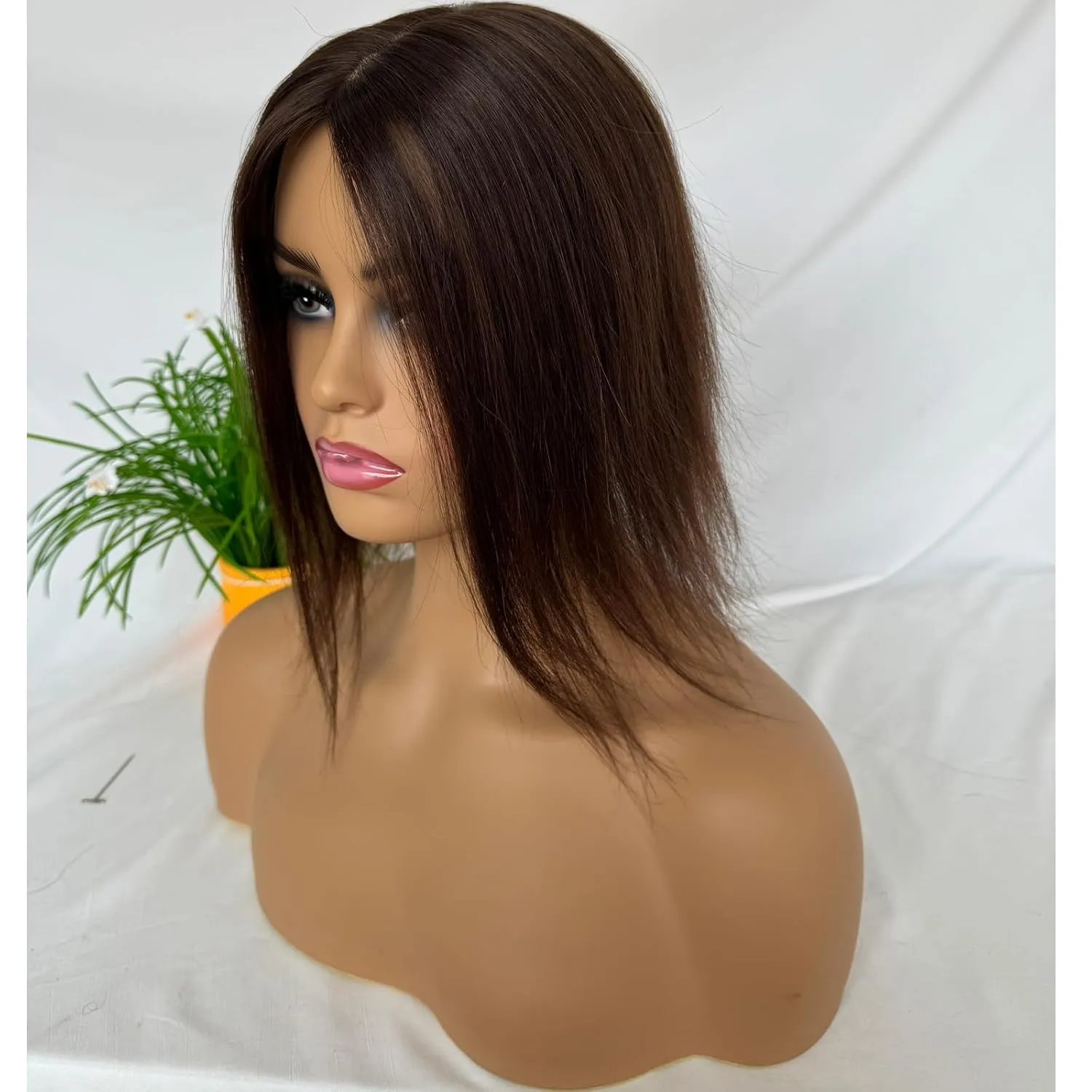 Clip in Hair Toppers - Real Human Hair Pieces, Silk Base Skin Wig - 12 Inch (Brown Color, 3x5inch)