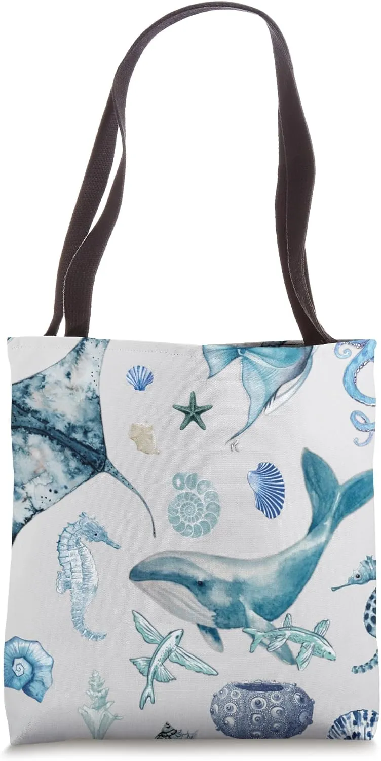Coastal Collage Beach Preppy Shells Fish Tote Bag