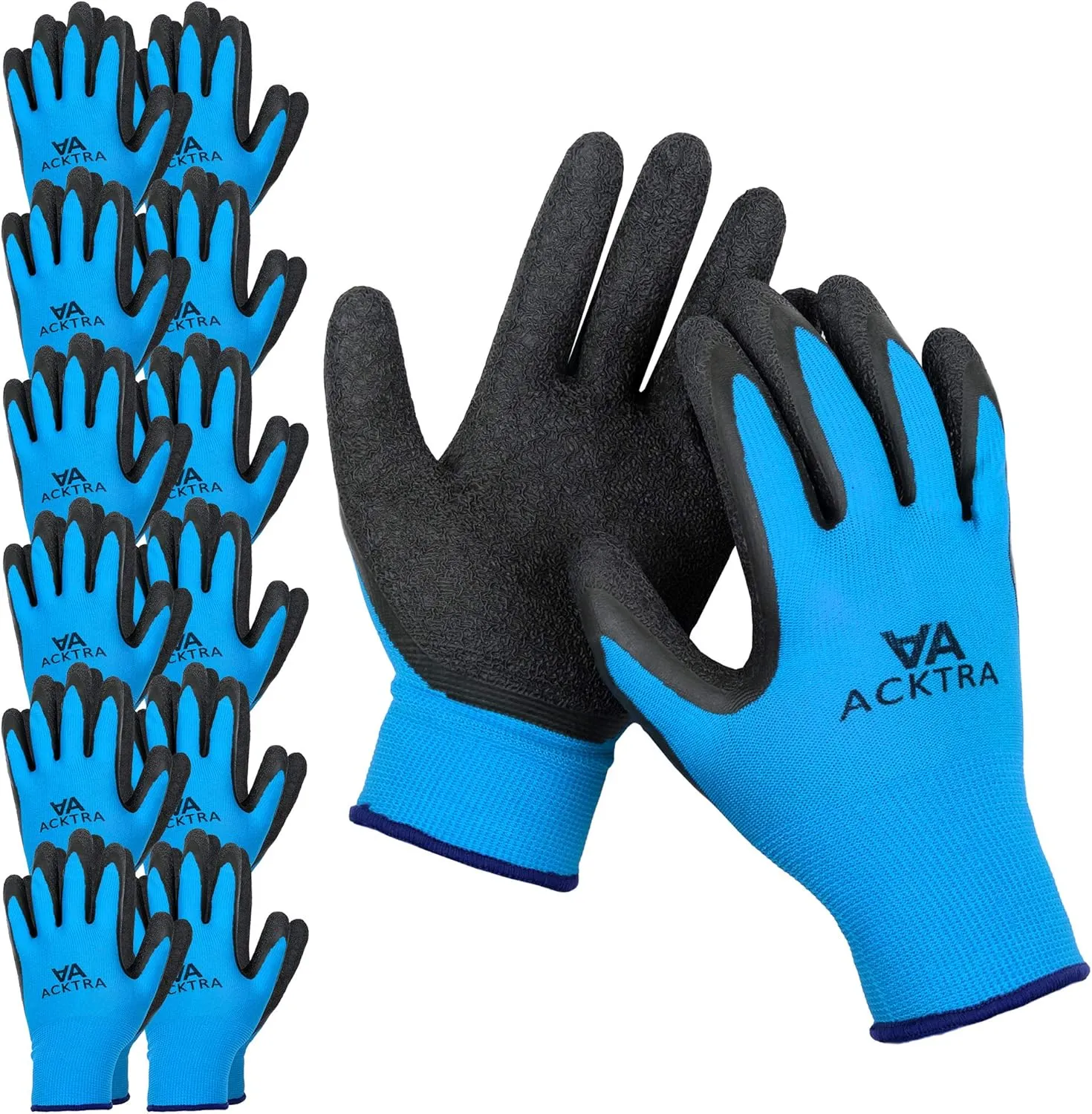 Coated Nylon Safety WORK GLOVES 12 Pairs, Knit Wrist Cuff, Multipurpose, for Men & Women, WG008 Blue Polyester, Black Latex, Large