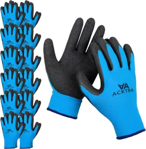 Coated Nylon Safety WORK GLOVES 12 Pairs, Knit Wrist Cuff, Multipurpose, for Men & Women, WG008 Blue Polyester, Black Latex, Large
