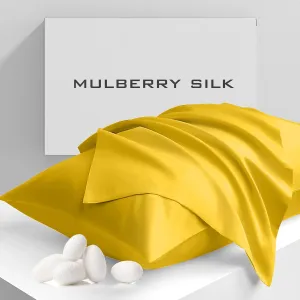 Cobnom Pure Mulberry Silk Pillowcases Set of 2, Queen Size with Zipper - Grade-6A 19 Momme, 600 Thread Count Soft Smooth Cooling, Hair and Skin Friendly (Mimosa Yellow, 20x30 Inch)
