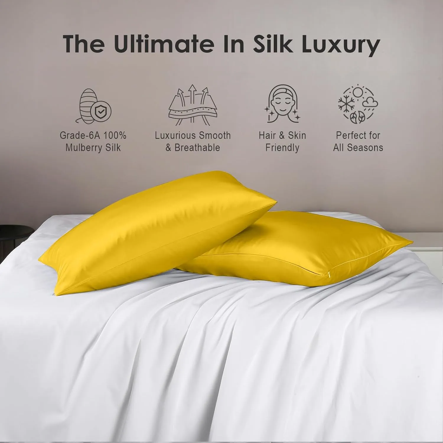 Cobnom Pure Mulberry Silk Pillowcases Set of 2, Queen Size with Zipper - Grade-6A 19 Momme, 600 Thread Count Soft Smooth Cooling, Hair and Skin Friendly (Mimosa Yellow, 20x30 Inch)