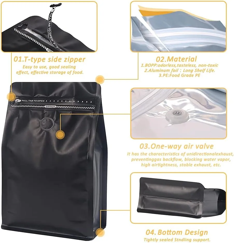 Coffee Bags with Valve(50pcs,8 oz,1/2 lb) Black High Barrier Aluminumed Foil Flat Bottom Standing Coffee Beans Storage Bags,Reusable Heat Sealable Side Zipper Pouches for Home or Store