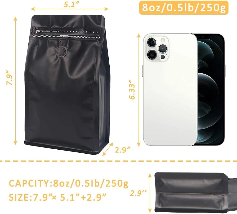 Coffee Bags with Valve(50pcs,8 oz,1/2 lb) Black High Barrier Aluminumed Foil Flat Bottom Standing Coffee Beans Storage Bags,Reusable Heat Sealable Side Zipper Pouches for Home or Store