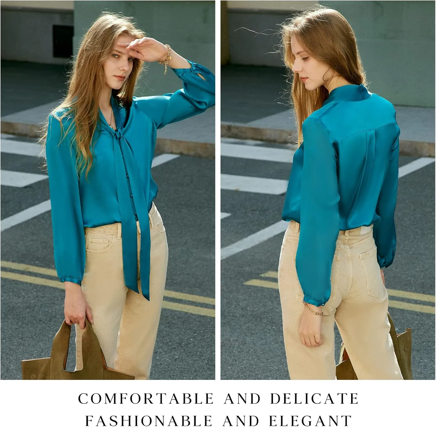 COLD POSH Silk Blouses for Women Long Sleeve Women's 100% Pure Silk Bow-tie Neck Blouse Luxury Button Down Elegant Shirts