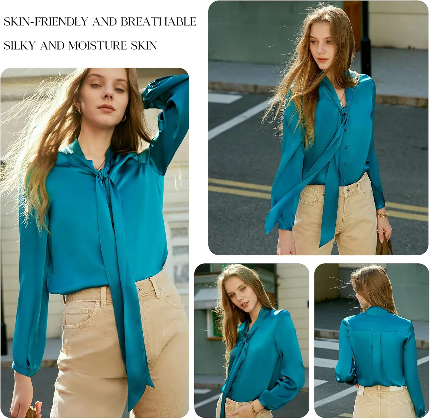 COLD POSH Silk Blouses for Women Long Sleeve Women's 100% Pure Silk Bow-tie Neck Blouse Luxury Button Down Elegant Shirts
