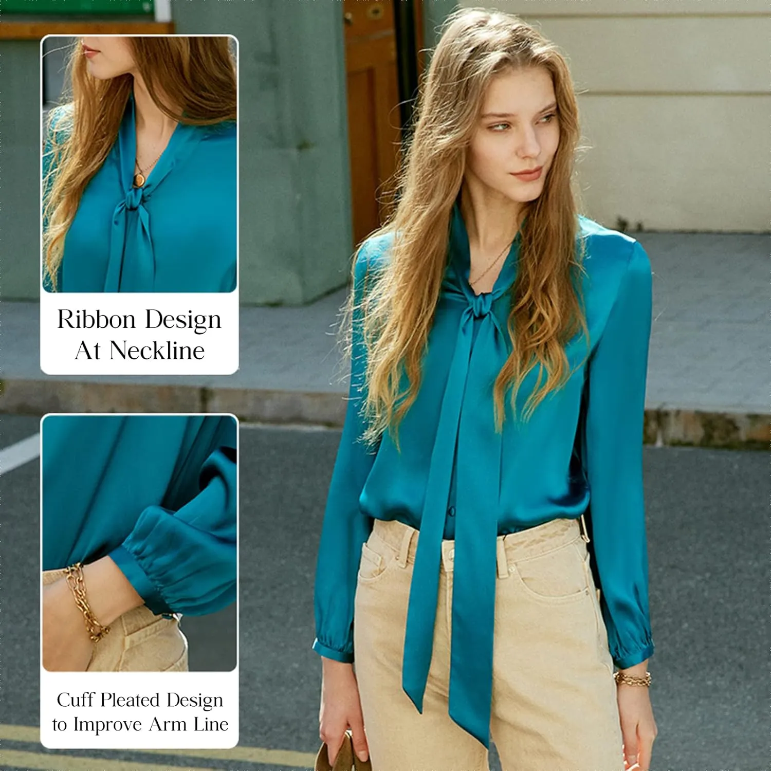 COLD POSH Silk Blouses for Women Long Sleeve Women's 100% Pure Silk Bow-tie Neck Blouse Luxury Button Down Elegant Shirts